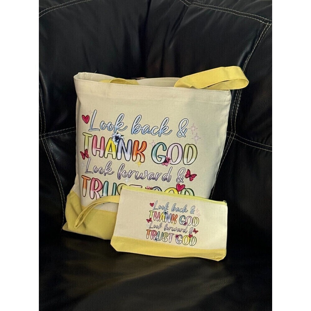 Look Back and Thank God Canvas Tote Bag with Zipper Cosmetic